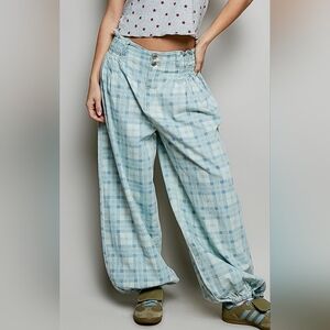 POL Light Blue Plaid Wide-Leg Track Pants Size L NWT